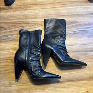 SCHUTZ Black Leather Pointed Toe Heeled Boots